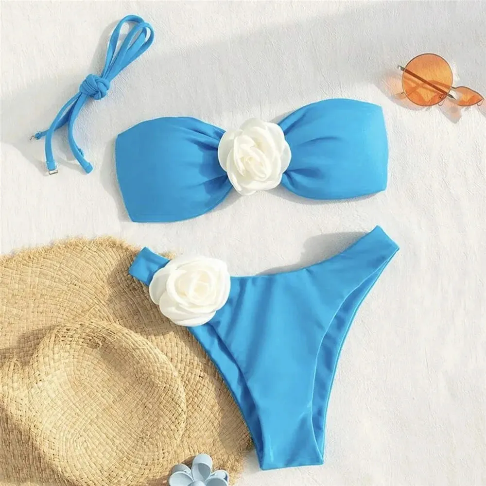 Sexy Flower Bandeau Swimwear Thong Bikini
