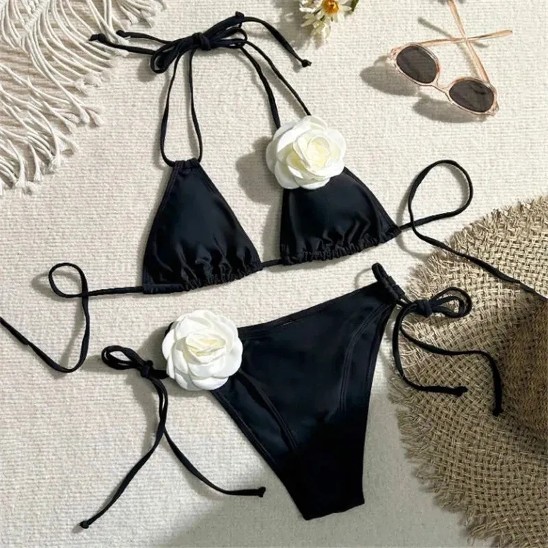Sexy Flower Bandeau Swimwear Thong Bikini
