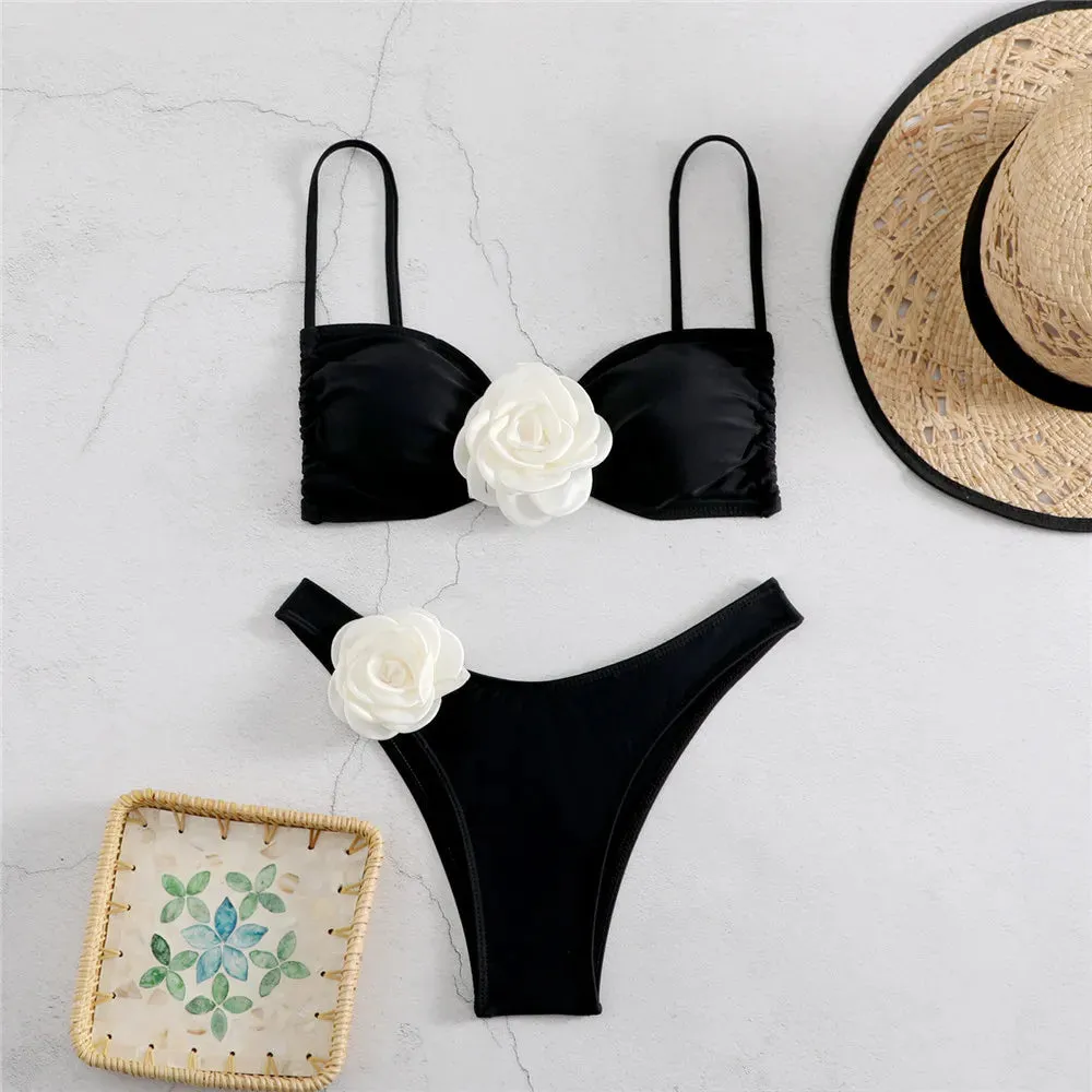 Sexy Flower Bandeau Swimwear Thong Bikini