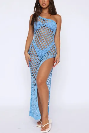 Sexy Hollow One-shoulder High Slit Slim Beach Cover-up Maxi Dress