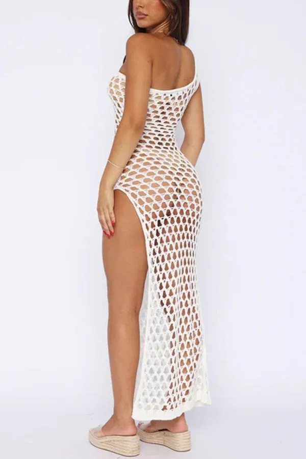 Sexy Hollow One-shoulder High Slit Slim Beach Cover-up Maxi Dress
