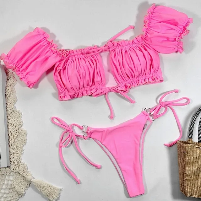 Sexy pink swimwear women bathing suit Bandeau bikinis