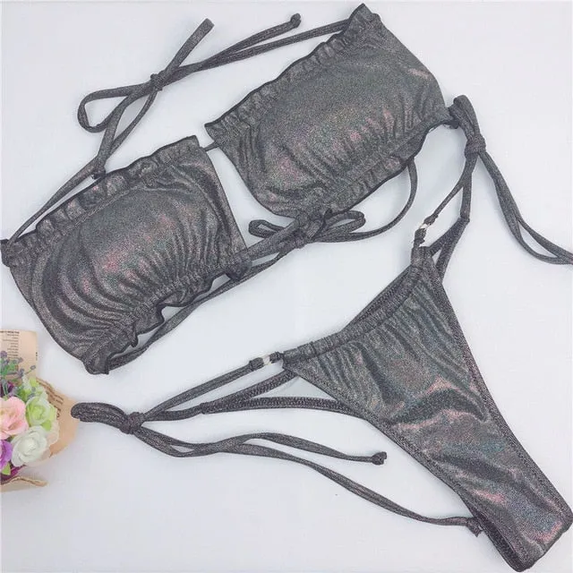 Sexy pink swimwear women bathing suit Bandeau bikinis
