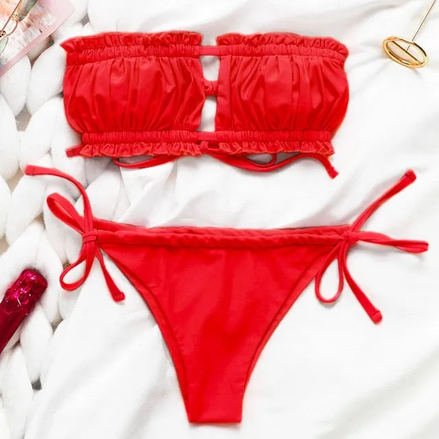 Sexy pink swimwear women bathing suit Bandeau bikinis