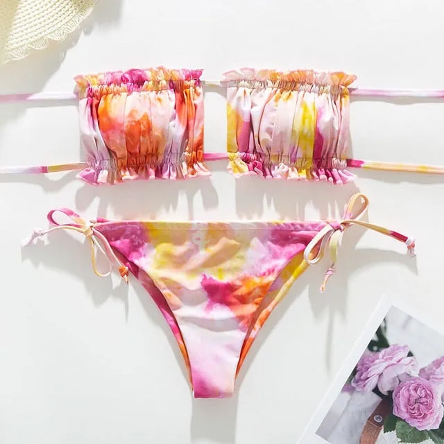 Sexy pink swimwear women bathing suit Bandeau bikinis