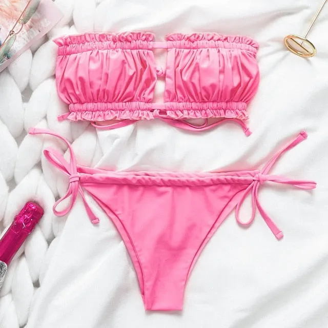 Sexy pink swimwear women bathing suit Bandeau bikinis