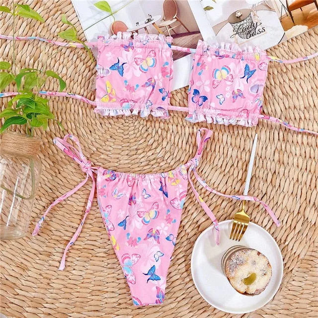 Sexy pink swimwear women bathing suit Bandeau bikinis