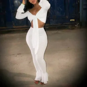 Sexy Style 2 piece Women Set Solid Slash Neck Full Long Pant