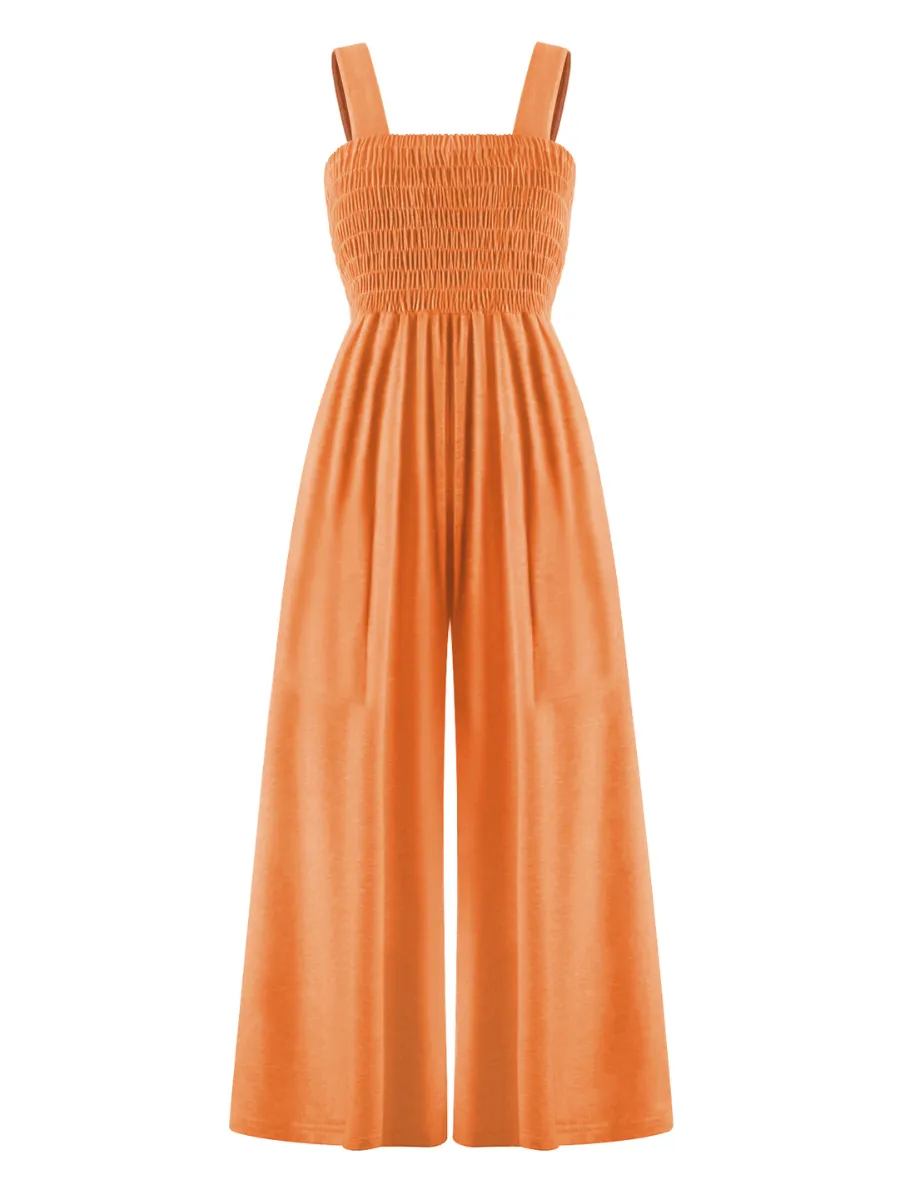 Shore Vacays Smocked Pocketed Wide Leg Jumpsuit - Orange