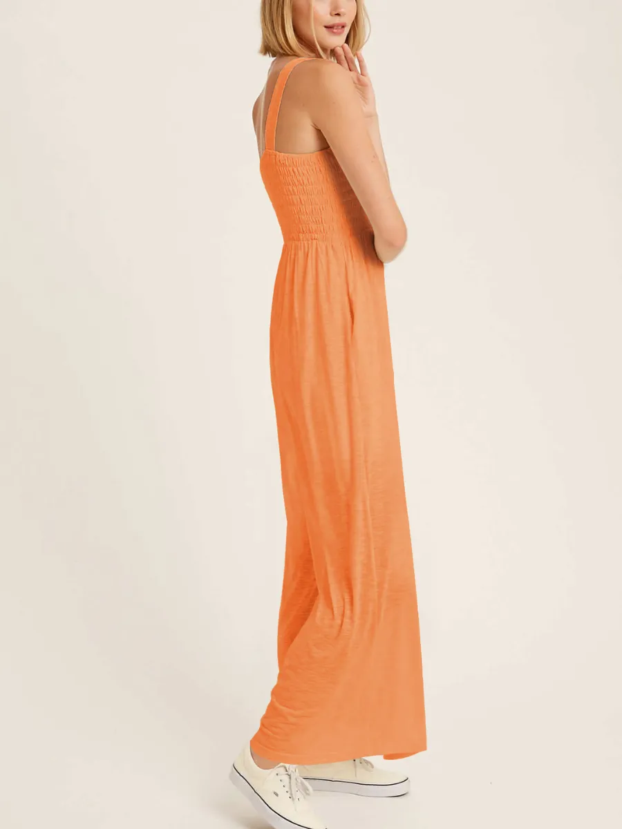 Shore Vacays Smocked Pocketed Wide Leg Jumpsuit - Orange
