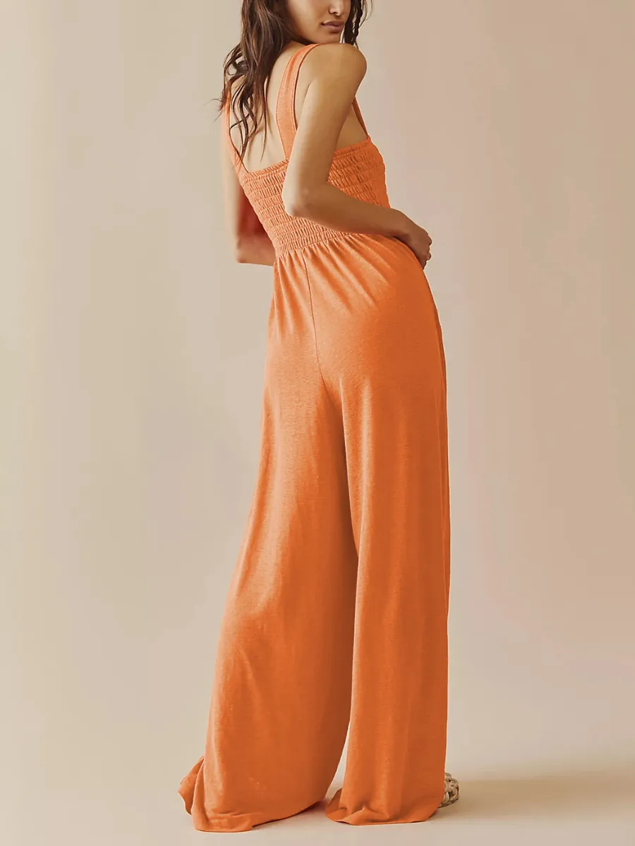 Shore Vacays Smocked Pocketed Wide Leg Jumpsuit - Orange