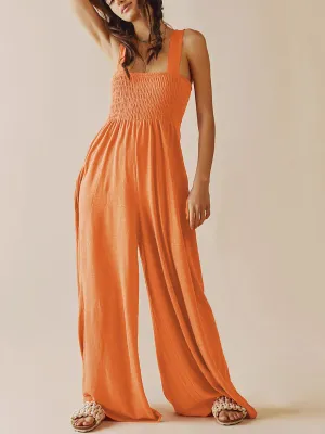 Shore Vacays Smocked Pocketed Wide Leg Jumpsuit - Orange