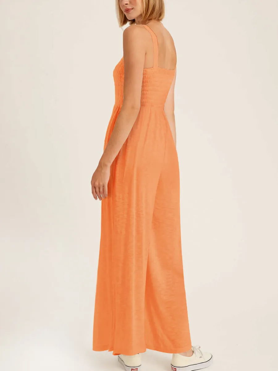 Shore Vacays Smocked Pocketed Wide Leg Jumpsuit - Orange