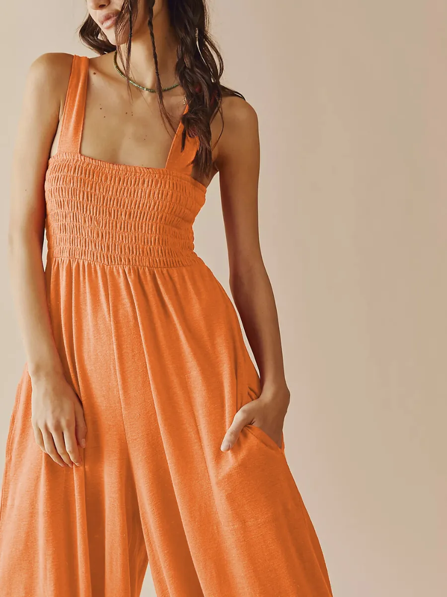 Shore Vacays Smocked Pocketed Wide Leg Jumpsuit - Orange