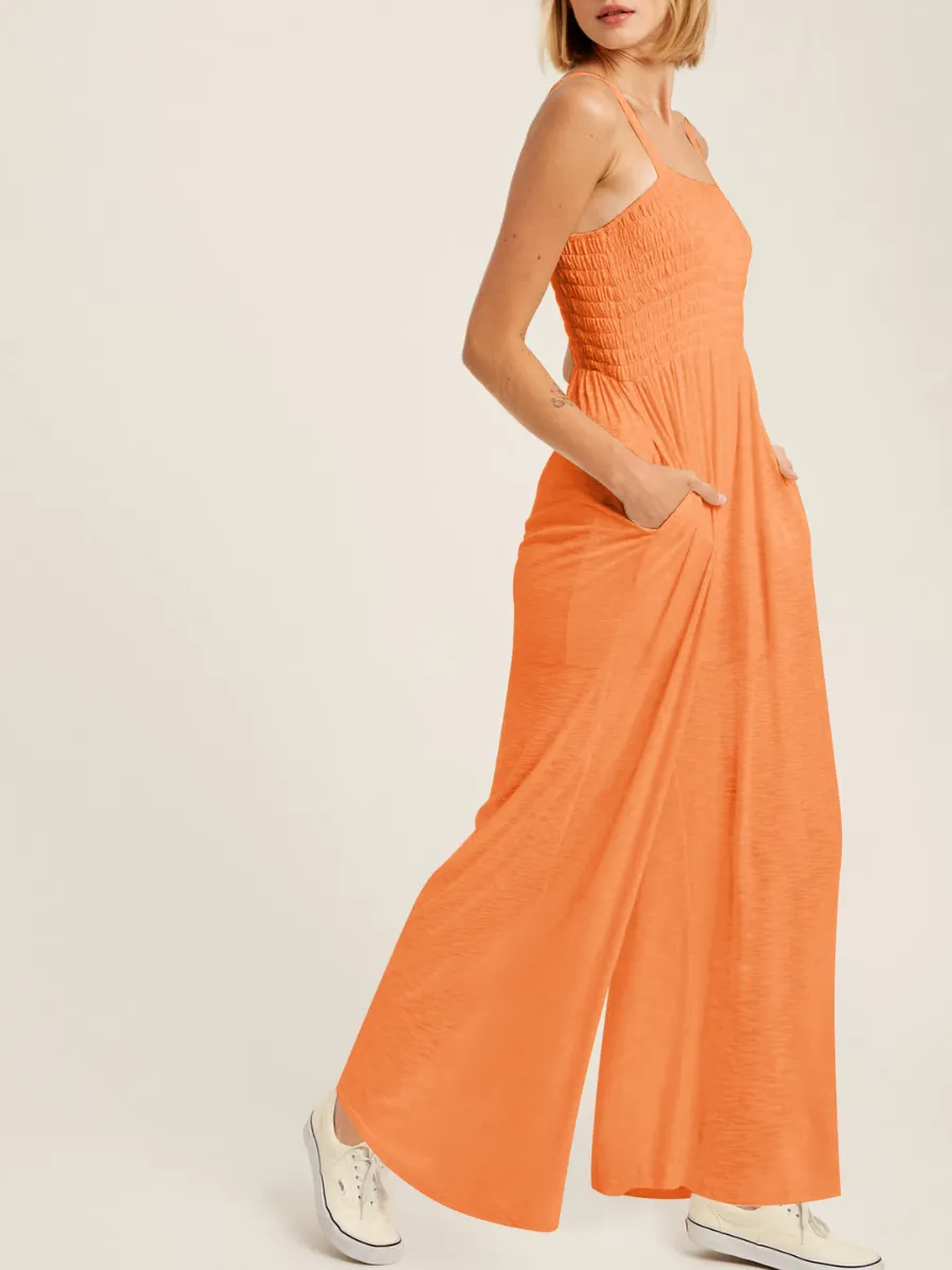 Shore Vacays Smocked Pocketed Wide Leg Jumpsuit - Orange