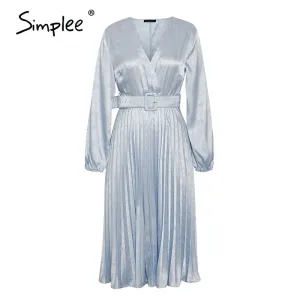 Simplee Elegant blue pleated women party dress A line floral printed female office dress Autumn winter long sleeve blazer dress
