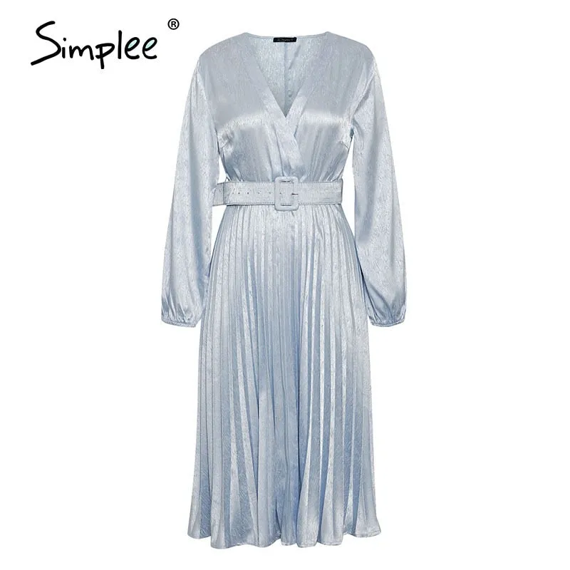 Simplee Elegant blue pleated women party dress A line floral printed female office dress Autumn winter long sleeve blazer dress