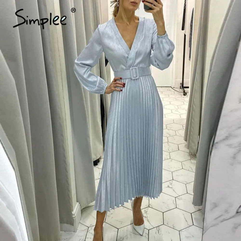 Simplee Elegant blue pleated women party dress A line floral printed female office dress Autumn winter long sleeve blazer dress