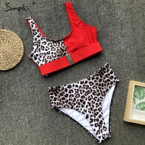 Simplee Sexy leopard print women swimwear bathing suit Push up two-pieces bikini set Summer beach casual high waist swimsuit
