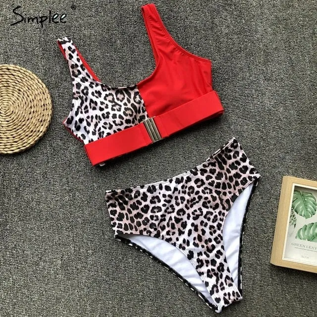 Simplee Sexy leopard print women swimwear bathing suit Push up two-pieces bikini set Summer beach casual high waist swimsuit