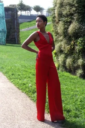 SLEEVELESS SATIN JUMPSUIT, CRIMSON RED