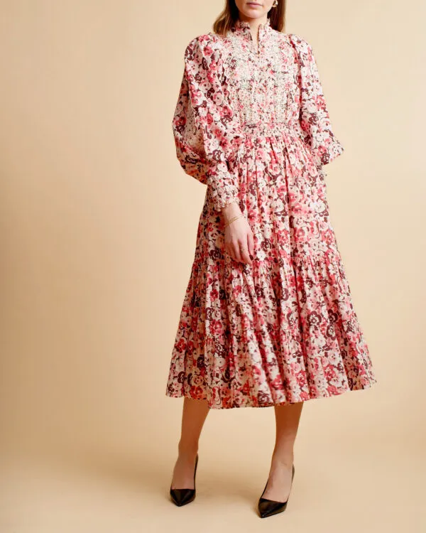 Slub Midi Dress in Burgundy Floral