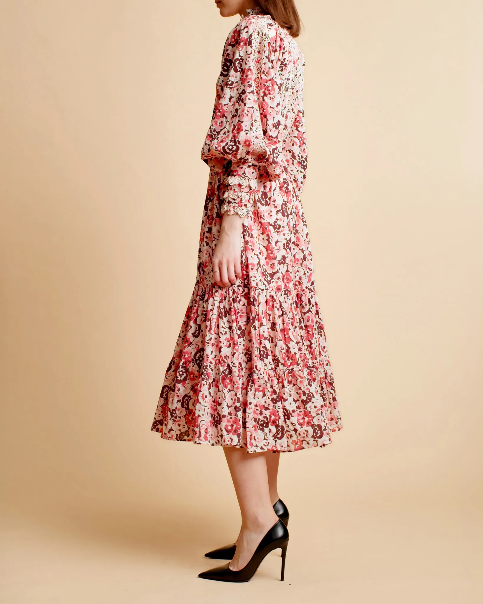 Slub Midi Dress in Burgundy Floral