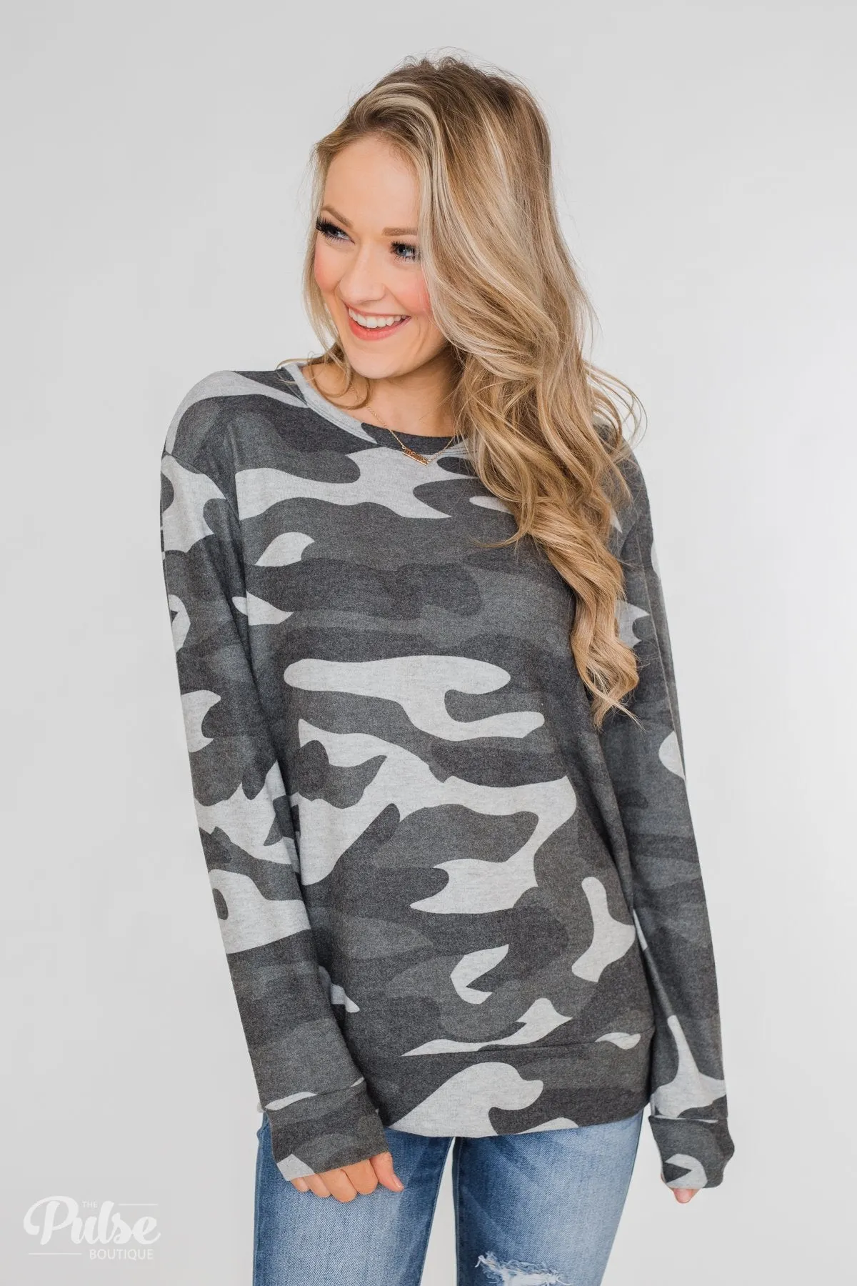 Softest Camo Pullover Top- Grey