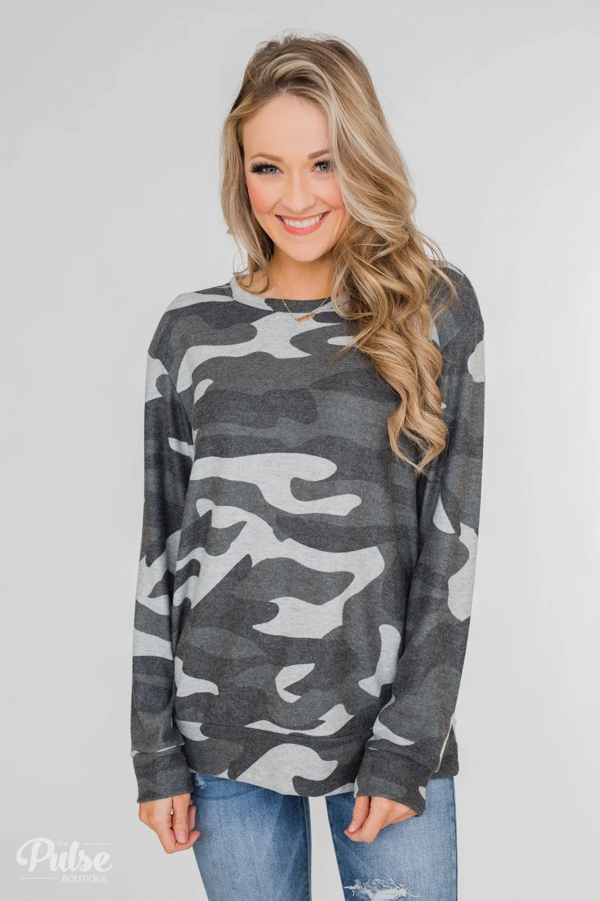 Softest Camo Pullover Top- Grey