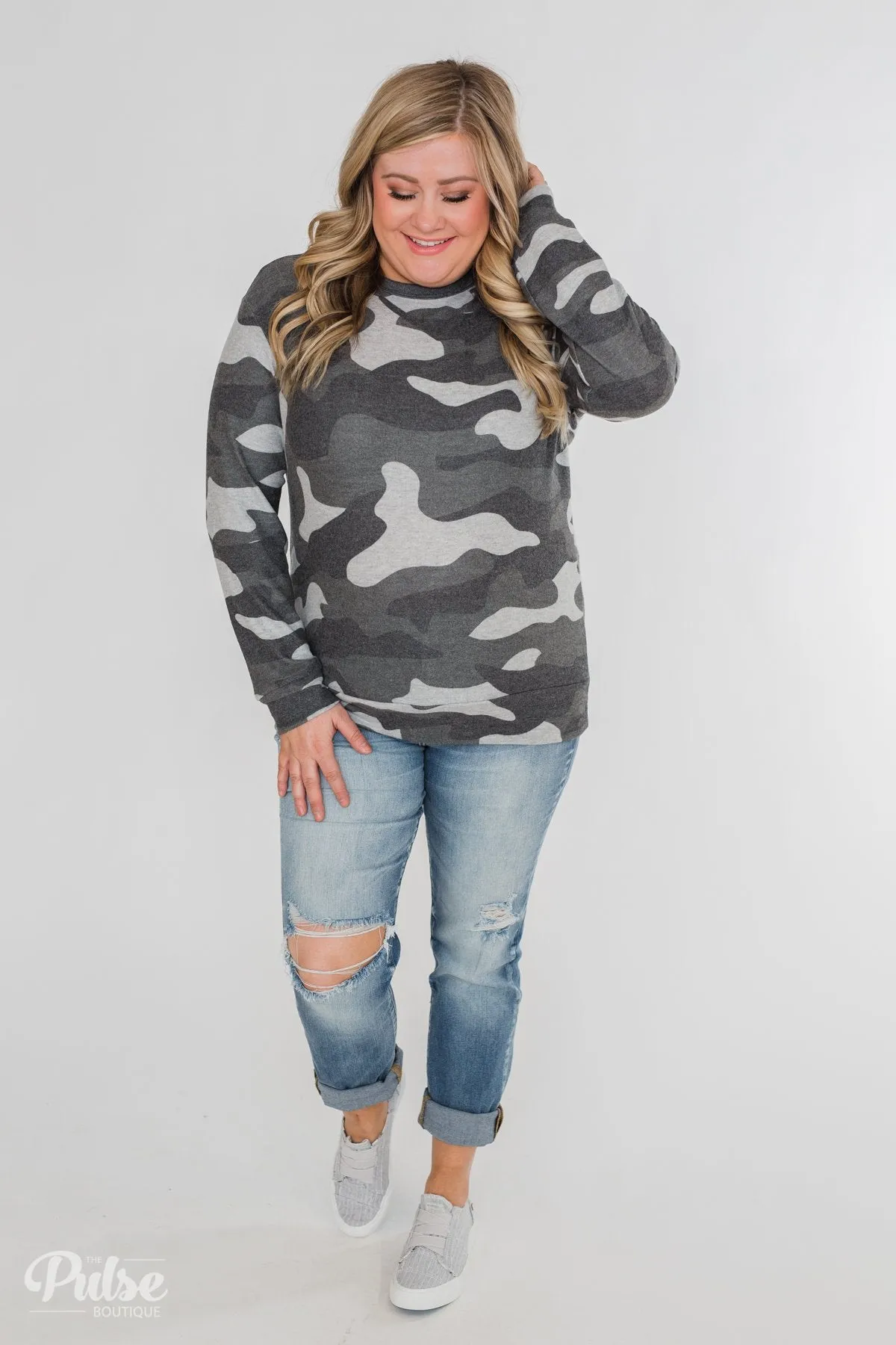 Softest Camo Pullover Top- Grey