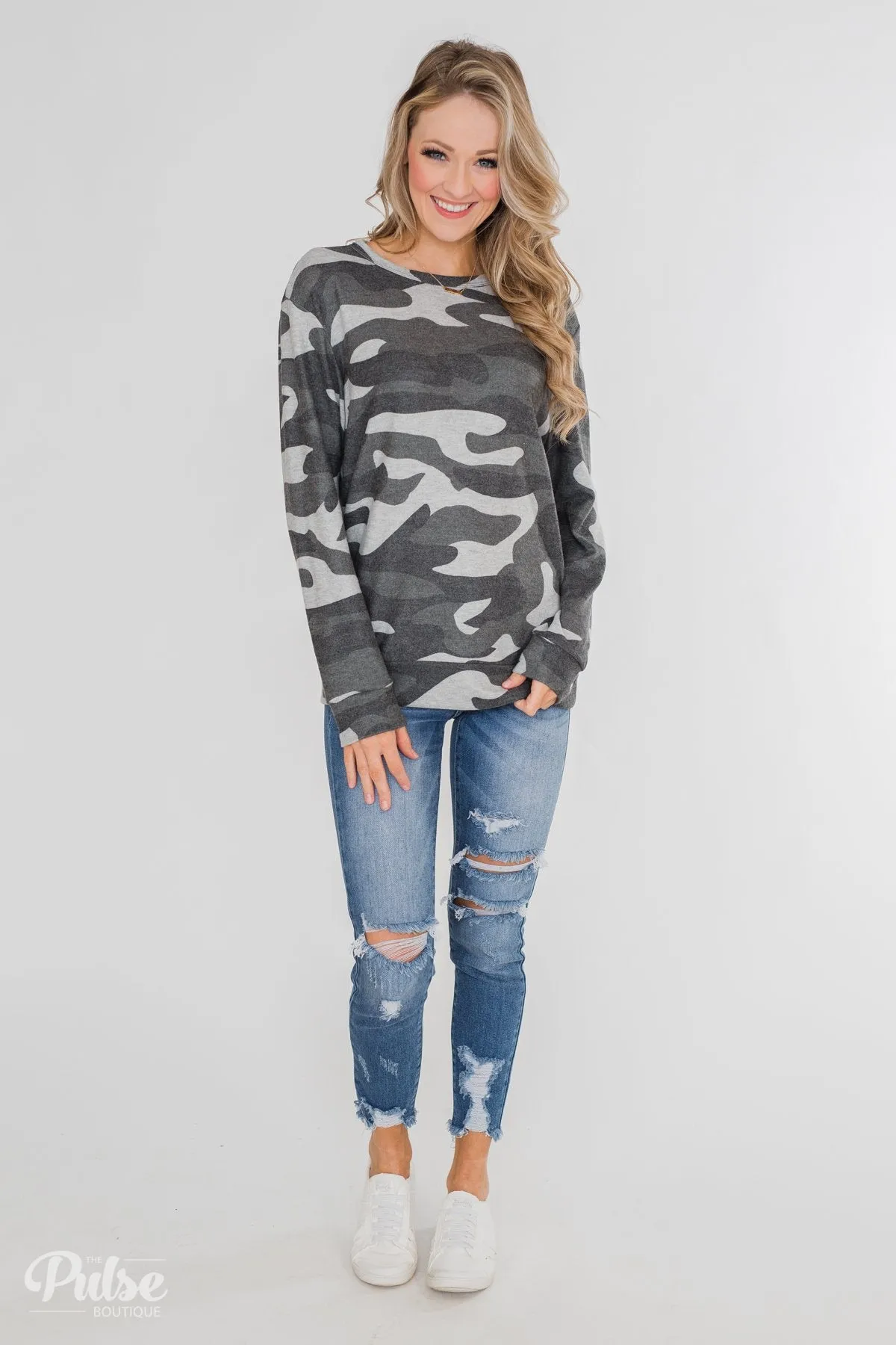Softest Camo Pullover Top- Grey