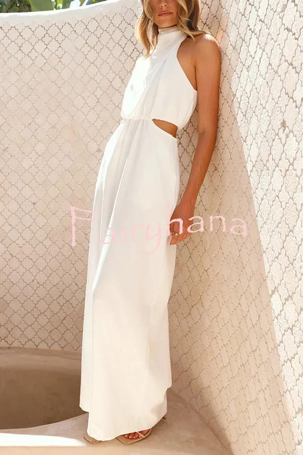 Solid Color Resort Style Halter Neck Waist Pocket Wide Leg Jumpsuit