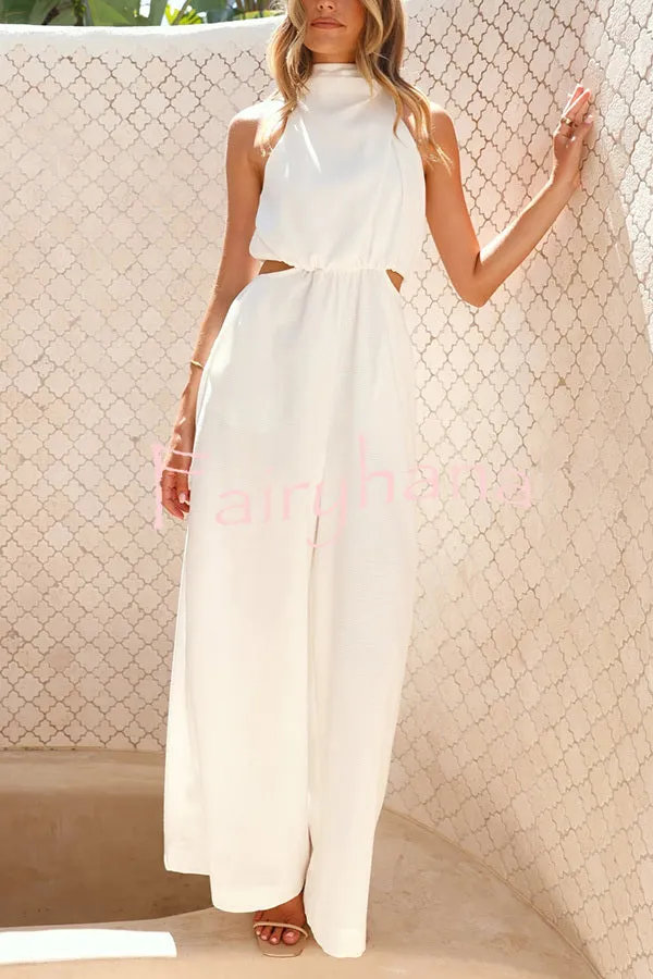 Solid Color Resort Style Halter Neck Waist Pocket Wide Leg Jumpsuit