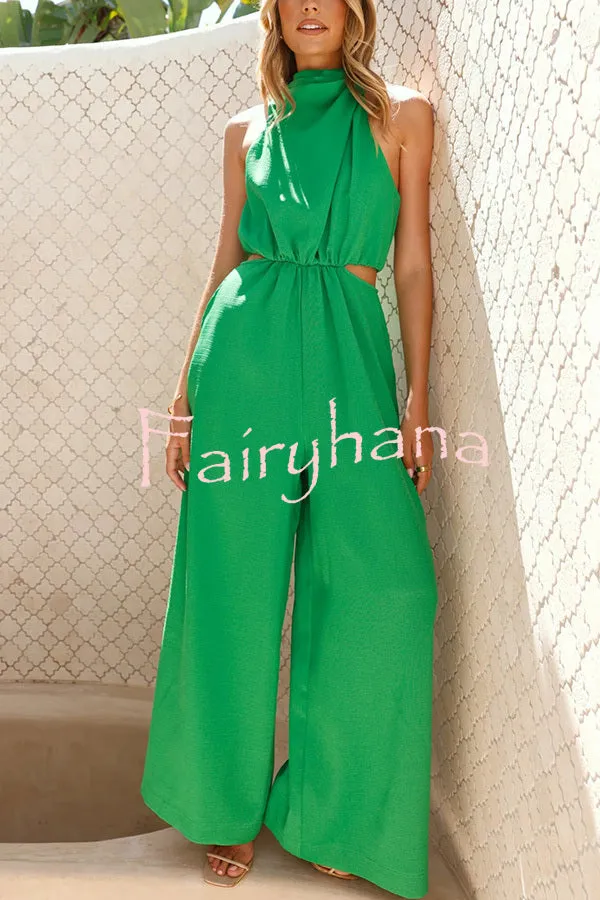 Solid Color Resort Style Halter Neck Waist Pocket Wide Leg Jumpsuit