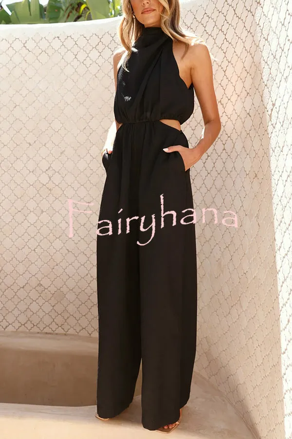 Solid Color Resort Style Halter Neck Waist Pocket Wide Leg Jumpsuit