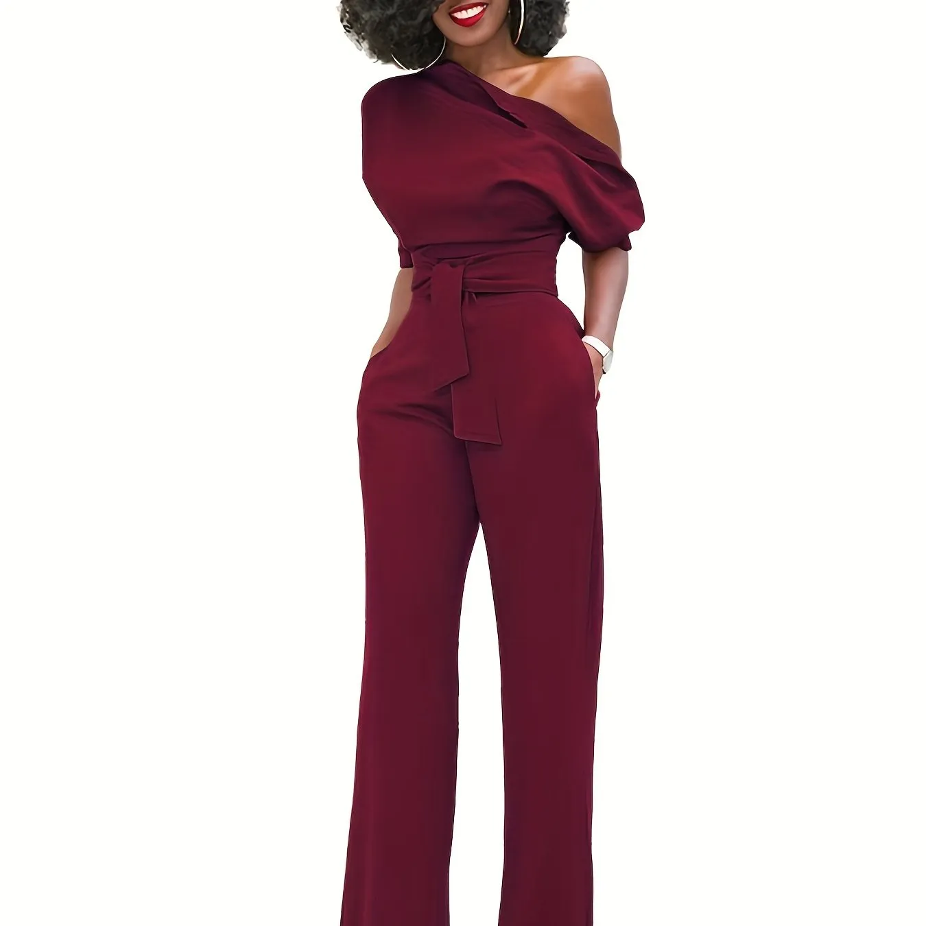 Solid Slanted Shoulder Jumpsuit