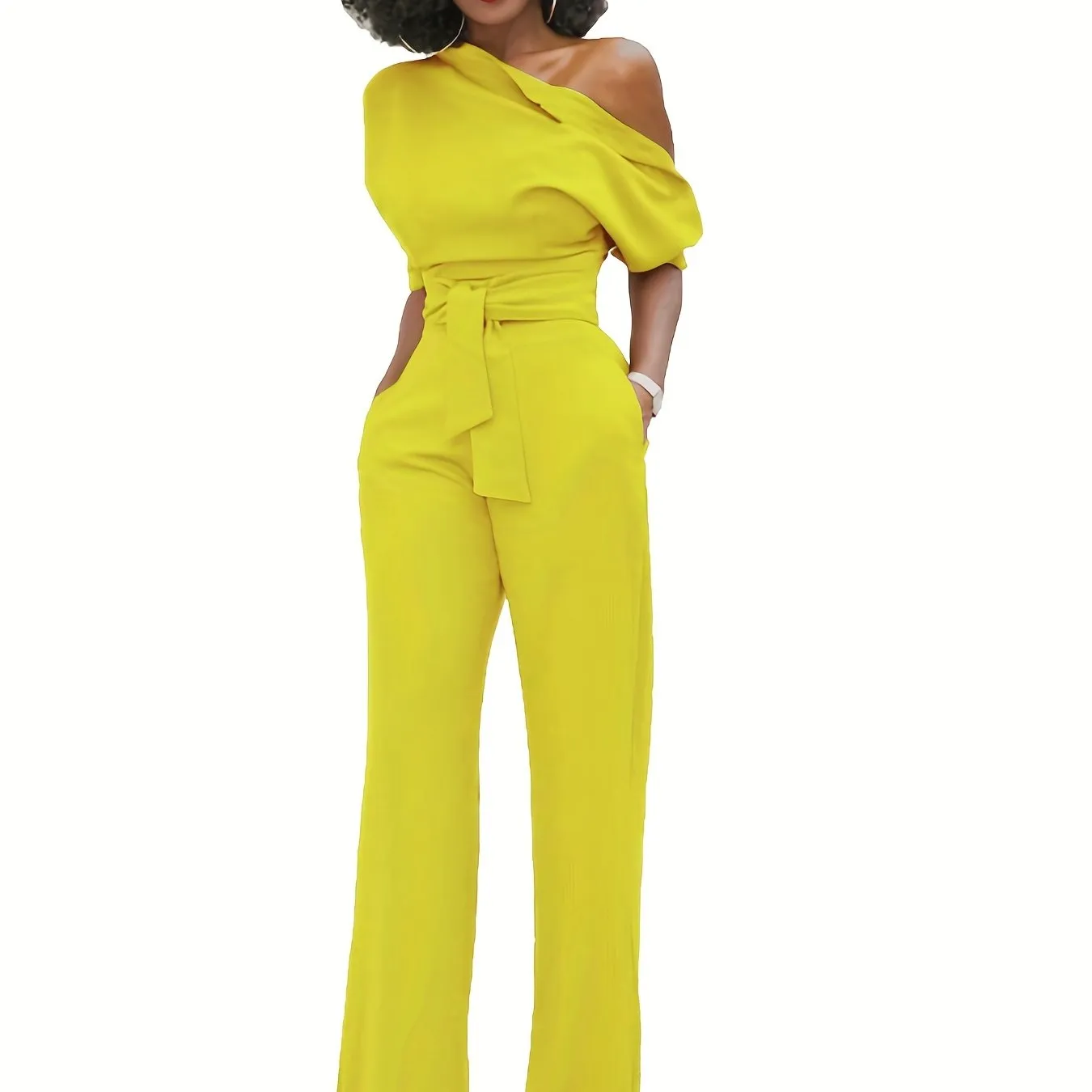 Solid Slanted Shoulder Jumpsuit