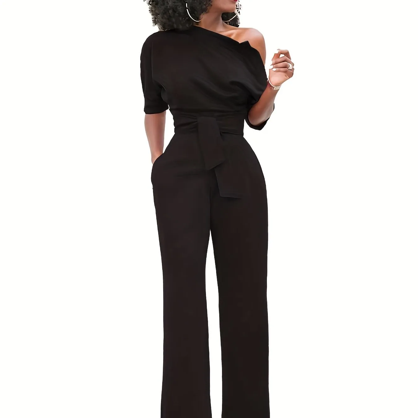Solid Slanted Shoulder Jumpsuit