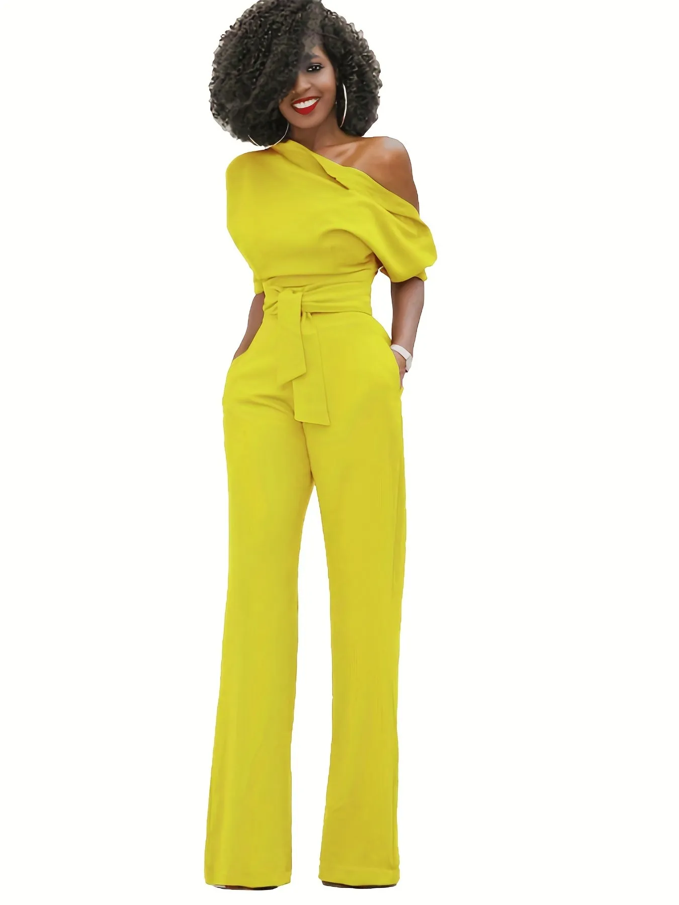 Solid Slanted Shoulder Jumpsuit