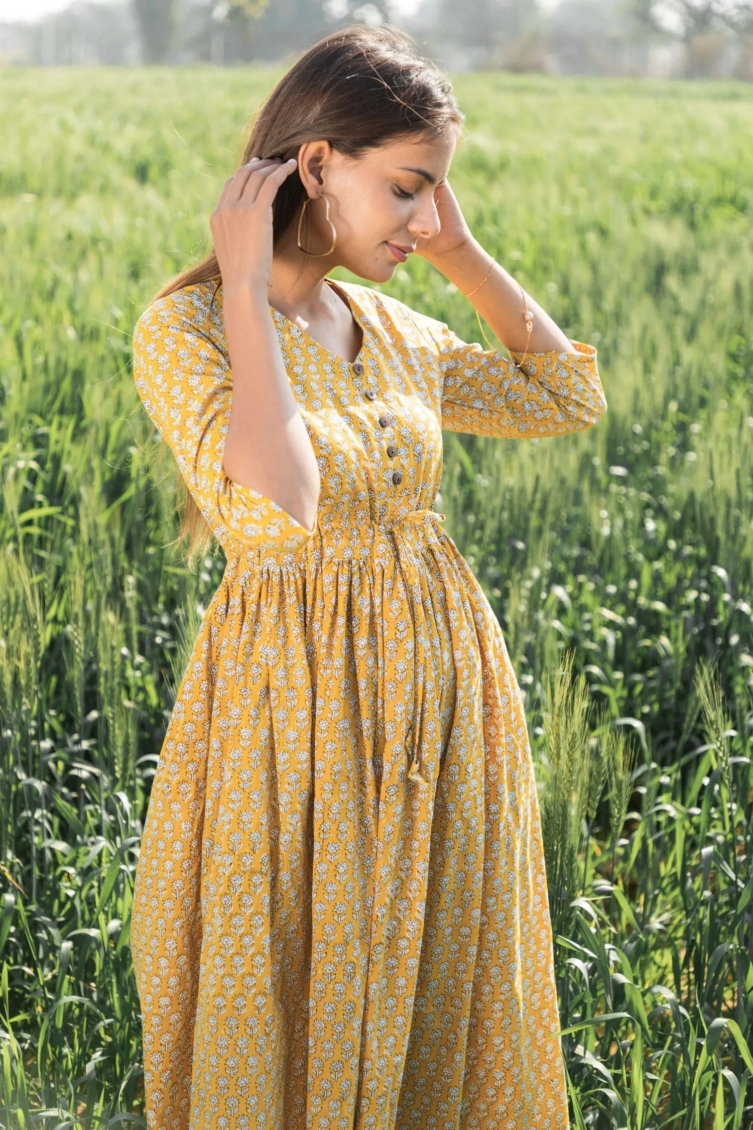 Sootisyahi 'Mustard Medow' Azofree Handblock Printed Pure Cotton Dress