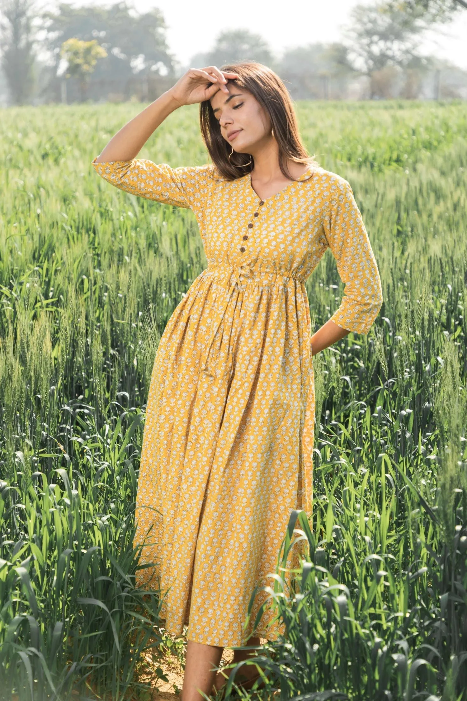 Sootisyahi 'Mustard Medow' Azofree Handblock Printed Pure Cotton Dress