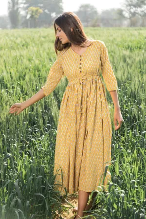 Sootisyahi 'Mustard Medow' Azofree Handblock Printed Pure Cotton Dress