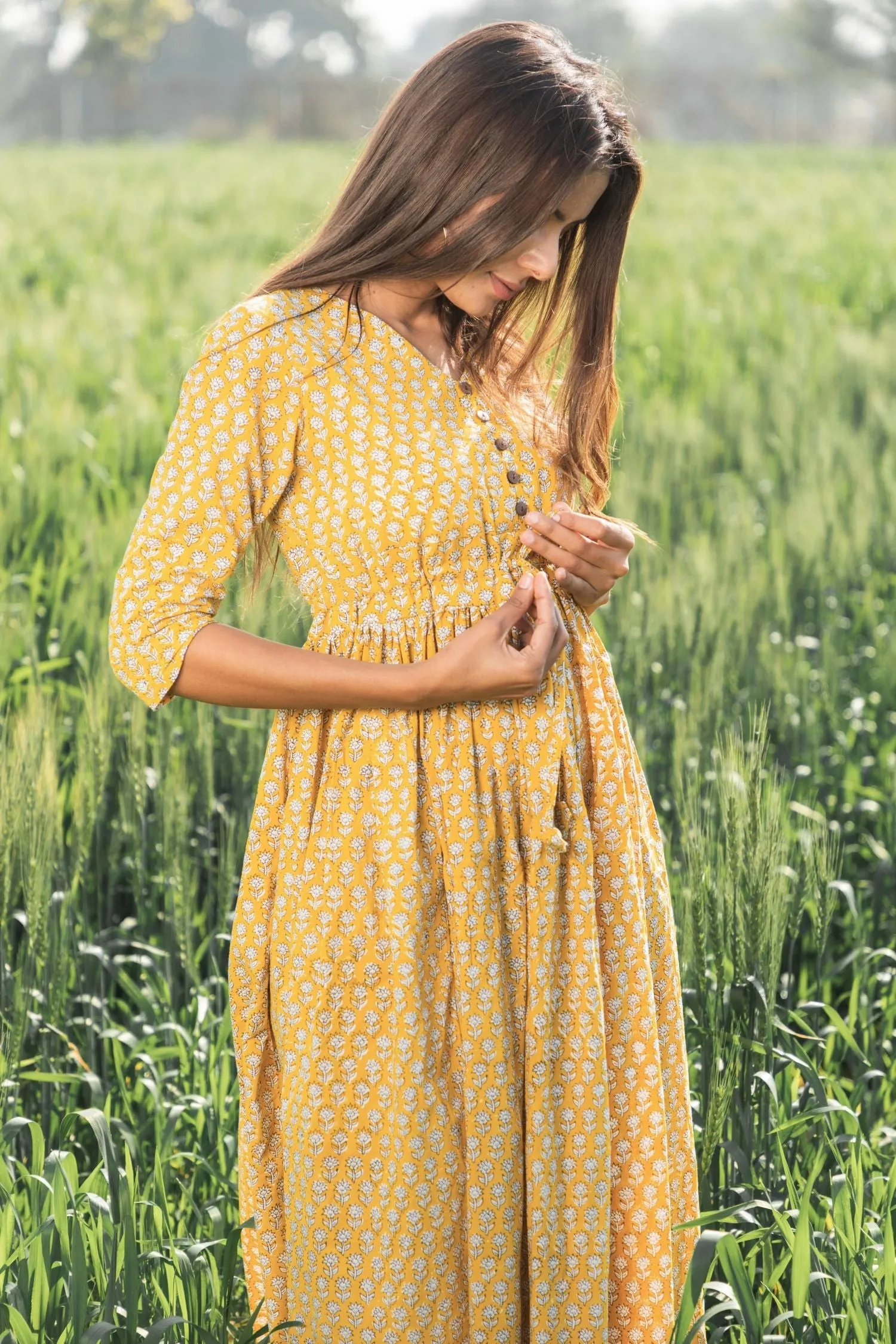 Sootisyahi 'Mustard Medow' Azofree Handblock Printed Pure Cotton Dress