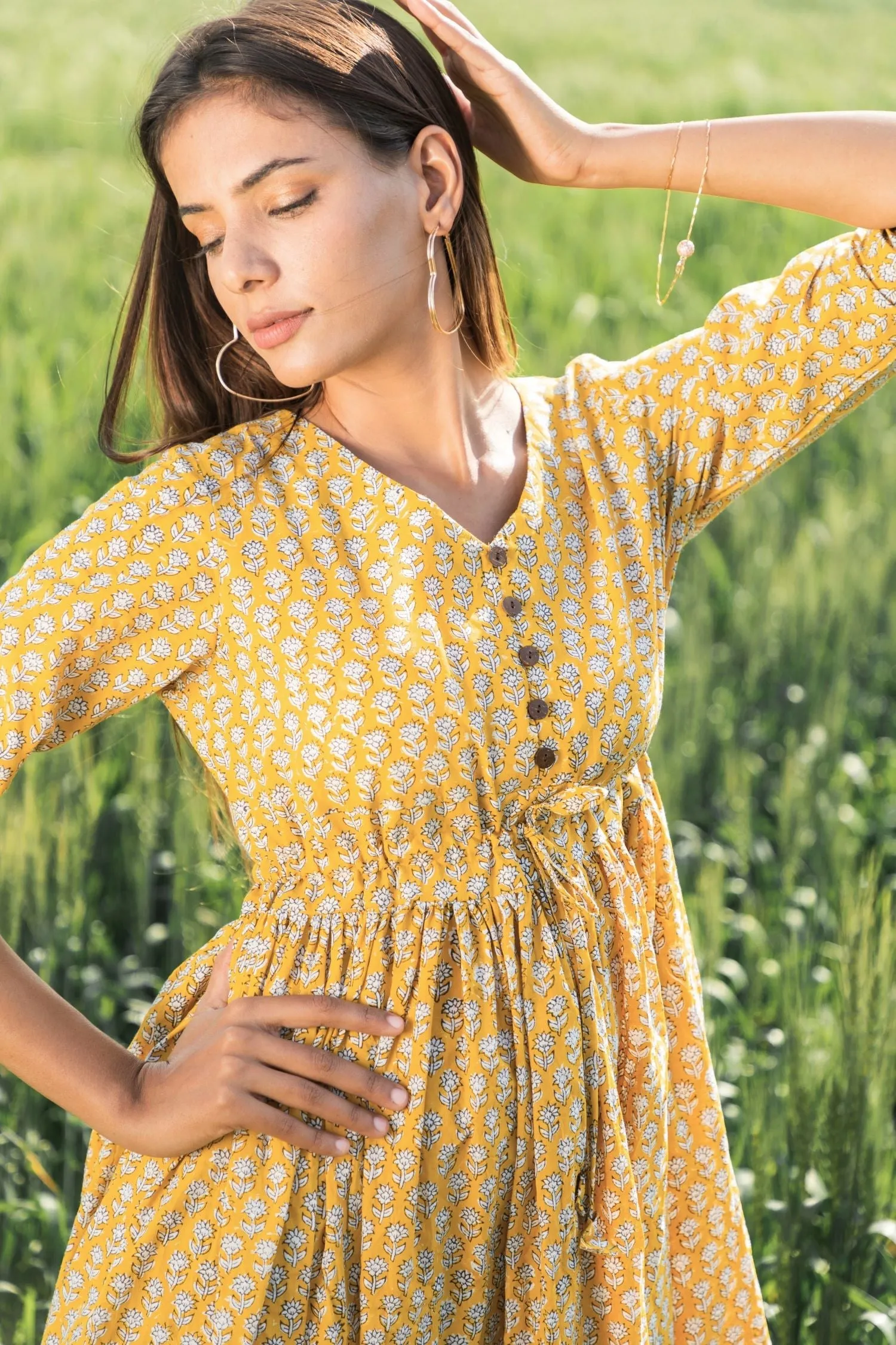 Sootisyahi 'Mustard Medow' Azofree Handblock Printed Pure Cotton Dress