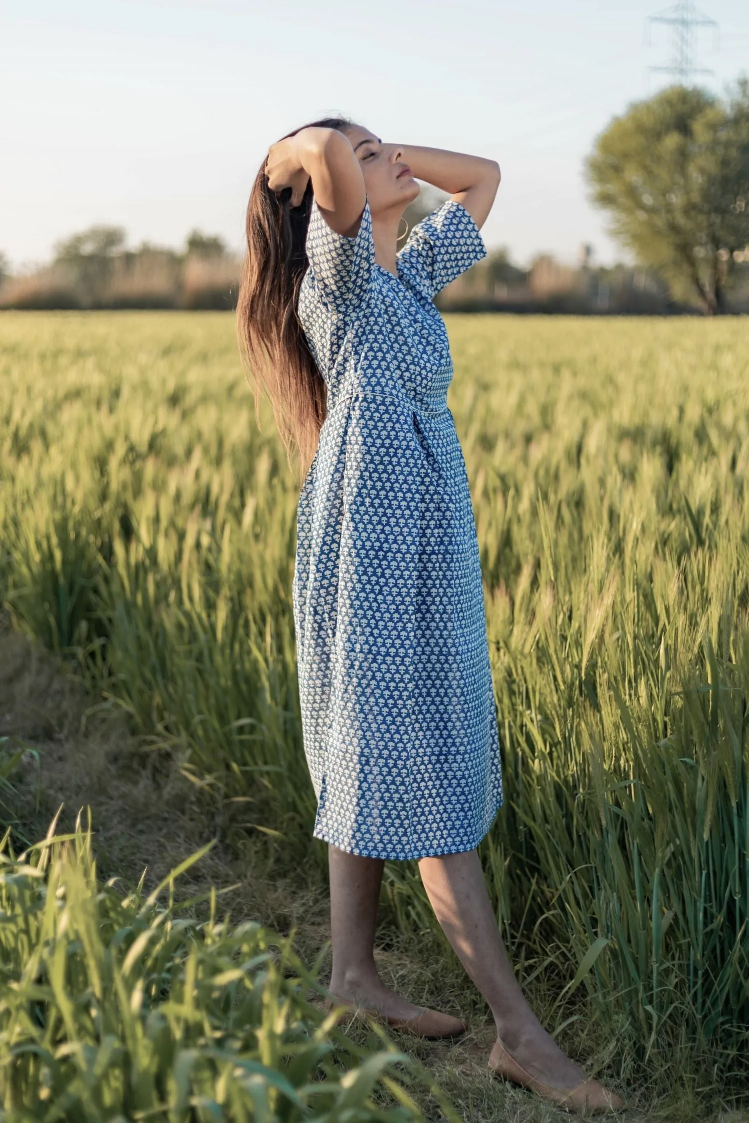 Sootisyahi 'Sea Blue' Azofree Handblock Printed Pure Cotton Dress