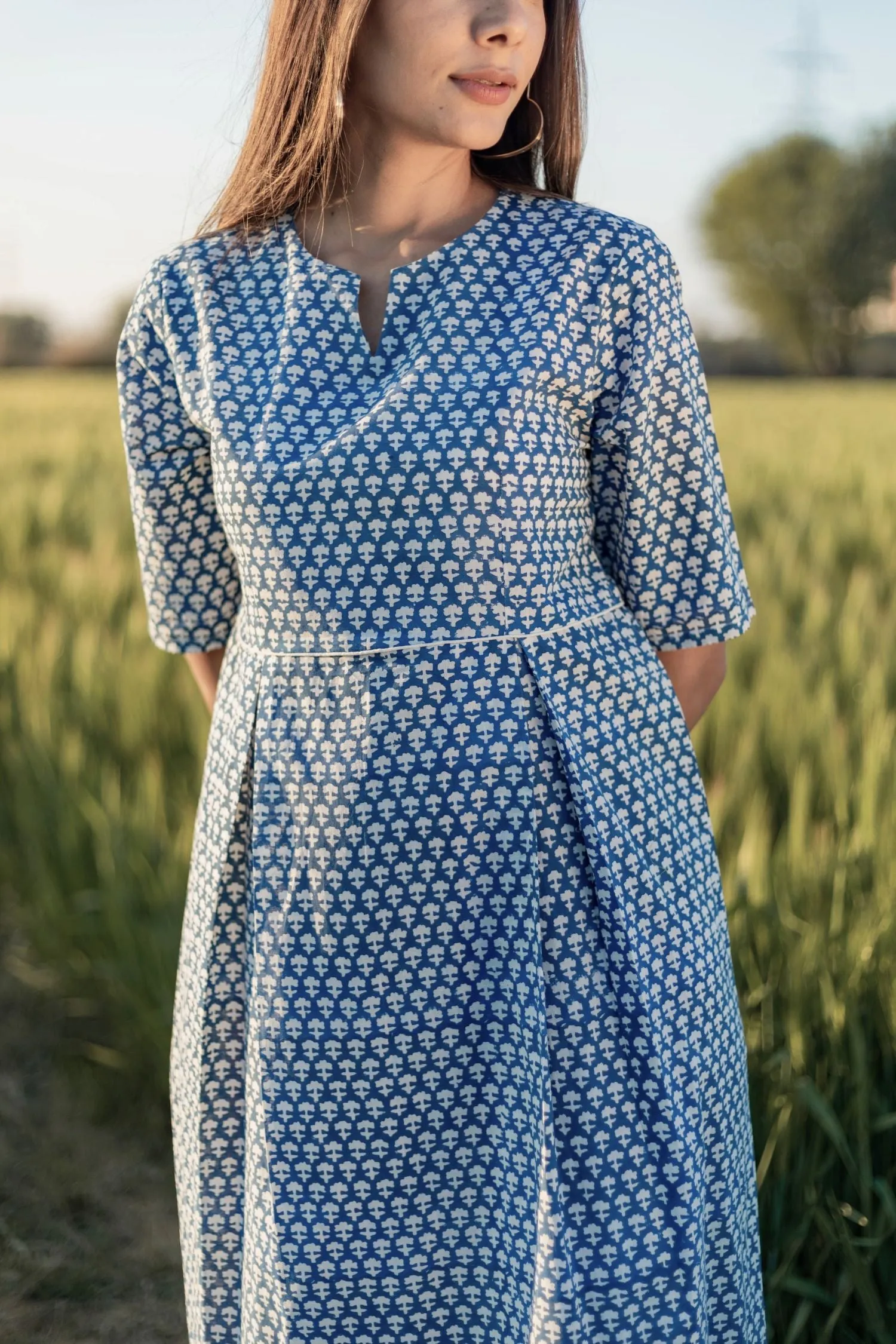 Sootisyahi 'Sea Blue' Azofree Handblock Printed Pure Cotton Dress
