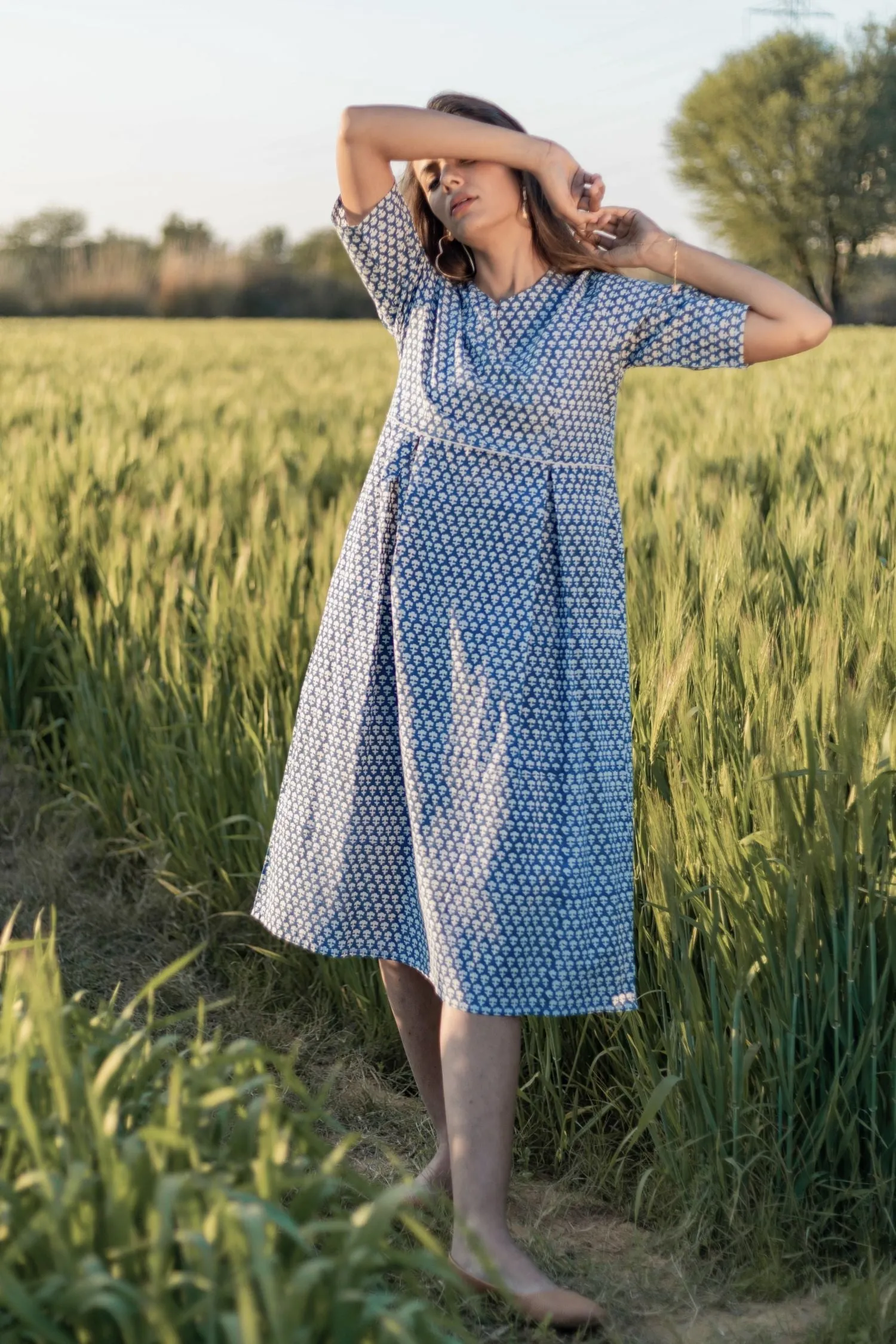 Sootisyahi 'Sea Blue' Azofree Handblock Printed Pure Cotton Dress