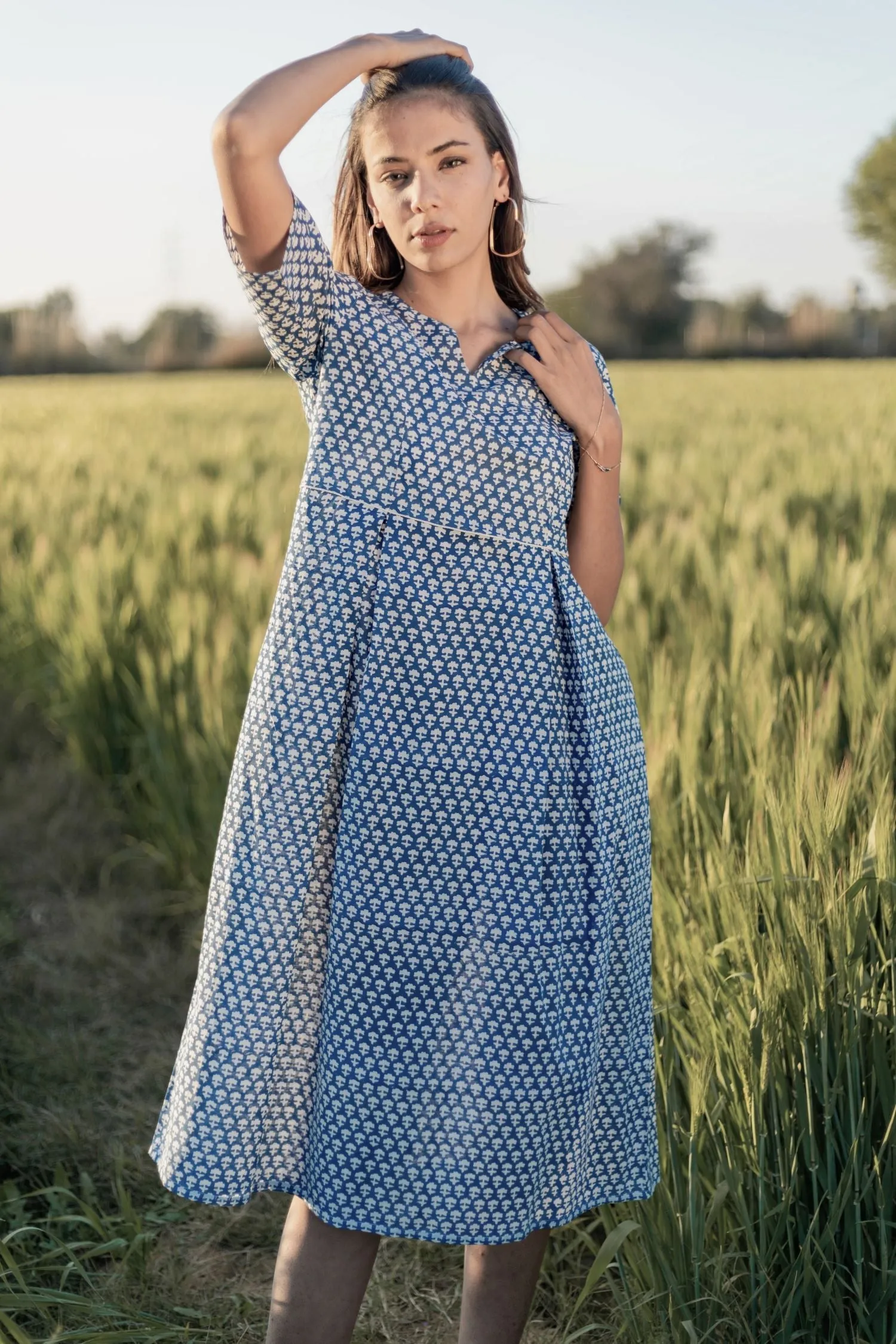 Sootisyahi 'Sea Blue' Azofree Handblock Printed Pure Cotton Dress