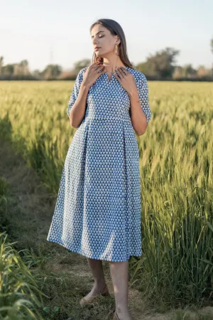 Sootisyahi 'Sea Blue' Azofree Handblock Printed Pure Cotton Dress