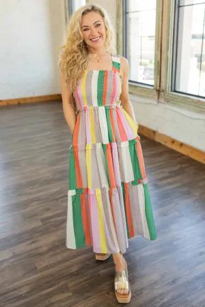 SOPHIE COLOR BLOCK TIERED MIDI DRESS
